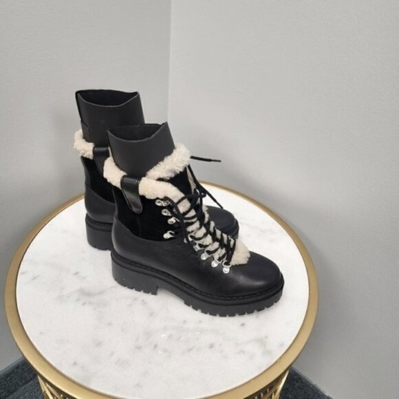 Marc Fisher Nalina Hiking Boot Leather Combat Faux Fur Black 7.5M - Picture 4 of 6